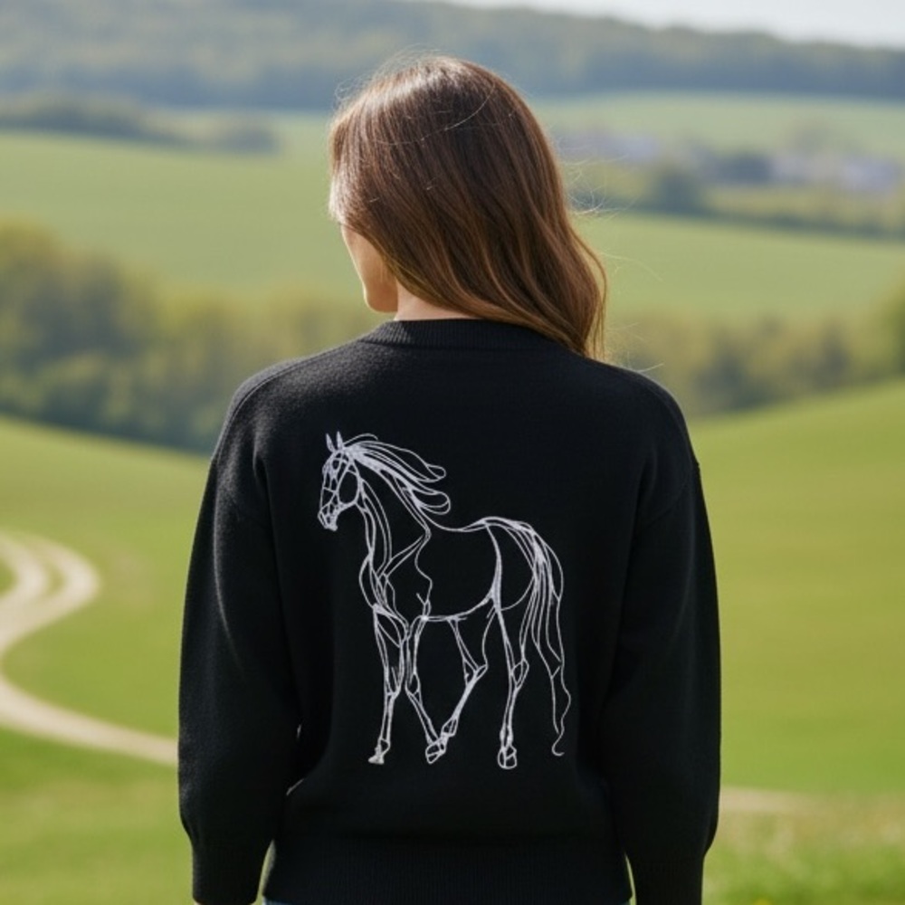 NWT Belldini Black Sweater Medium Horse Graphic Embroidered Back Y2K Cowgirl
